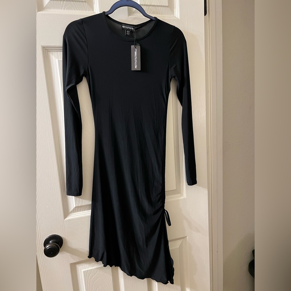 PrettyLittleThing Black Long Sleeve Midi Dress with Side Tie Witchy look